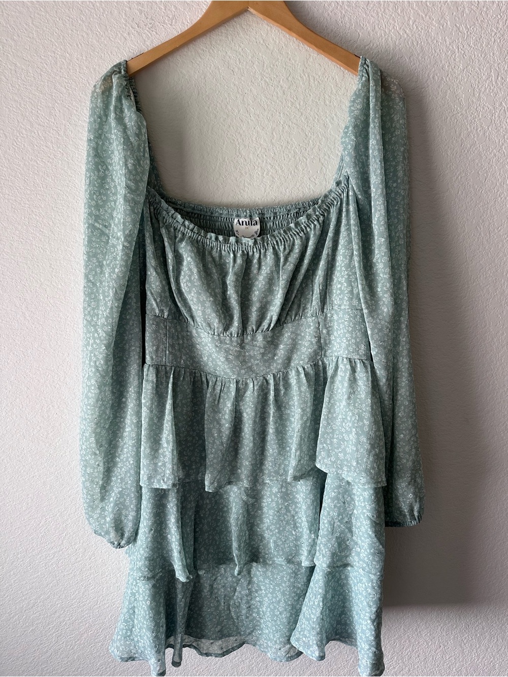 Arula Sage Green Floral Mini Dress 3X Puff Sleeve Cottagecore